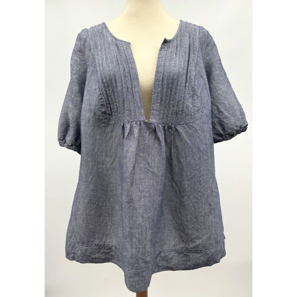 Lane Bryant Linen Blend Blue Short Sleeve Top 14/16 Pintuck V-neck Coastal Tunic
